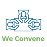 a graphic of three people sitting around a table with text underneath that reads "we convene"