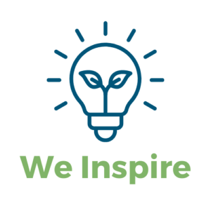 blue graphic of a light bulb with a plant on the inside with text underneath that reads "we inspire"