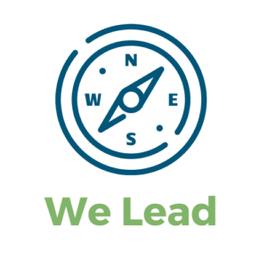 a graphic of a blue compass with the text underneath that reads "we lead "